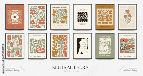 Abstract floral posters template. Modern trendy Matisse minimal style. Pink and blue colors. Hand drawn design for wallpaper, wall decor, print, postcard, cover, template, banner. 