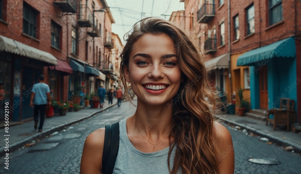 Cheerful woman on a city street Cheerful woman on a city street