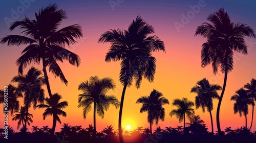 Silhouettes of palm trees against a vibrant tropical sunset.