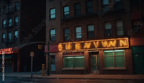 Neon sign of SUBWAY on urban street