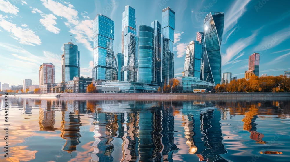 Fototapeta premium Skyscrapers standing tall beside a river, with a reflection creating a mirror effect in the water.
