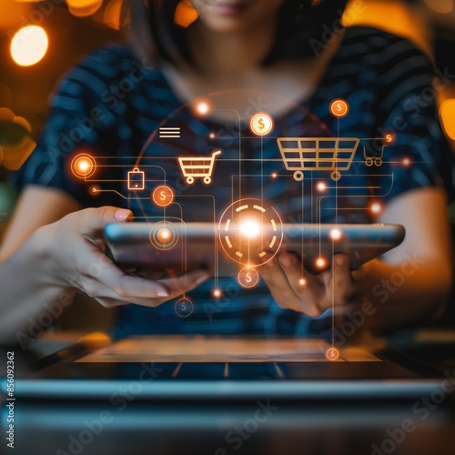 Digital online marketing commerce sale concept. Woman using tablet payments online shopping and icon customer network connection on hologram virtual screen, m-banking and omni channel