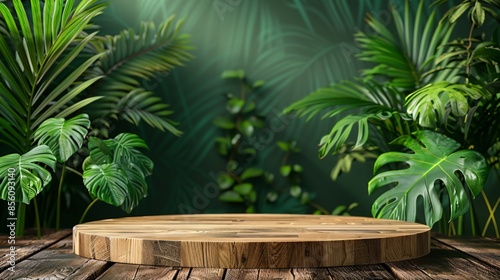 Circular wooden podium with a refined finish set against a green backdrop ideal for presenting natural beauty products in a tranquil spa setting