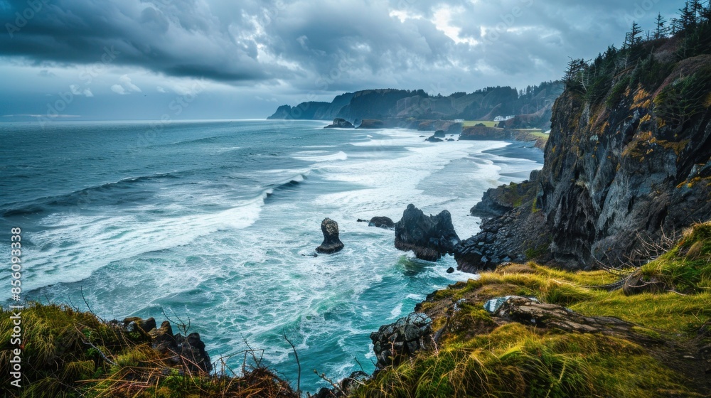 A beautiful coastal cliffside with rugged rocks and crashing waves below. 