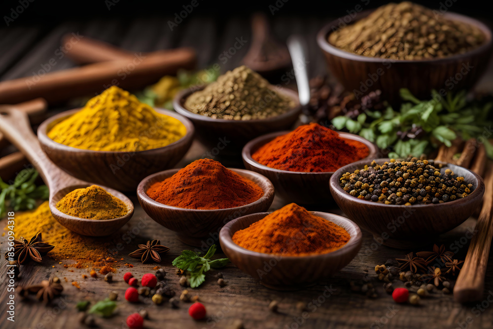 A vibrant collection of exotic spices presented in wooden bowls on a rustic background, capturing the essence of global cuisine and culinary artistry. Ideal for food bloggers, chefs, and cultural A vibrant collection of exotic spices presented in wooden bowls on a rustic background, capturing the essence of global cuisine and culinary artistry. Ideal for food bloggers, chefs, and cultural