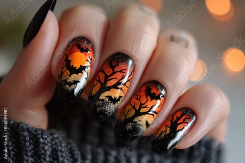 Spooky Halloween Nail Art with Bats and Trees