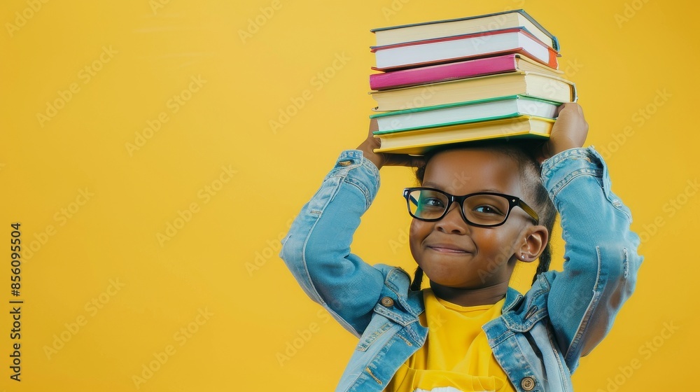 Funny Smiling Black Schoolgirl Balancing Books on Her Head Against ...