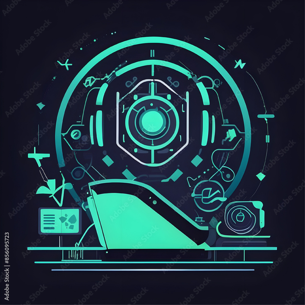 Obraz premium Futuristic Medical Bay: A sleek, neon-lit medical bay pulses with advanced technology, promising futuristic healthcare solutions in a graphic illustration. 
