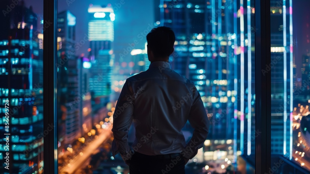 Successful Businessman Gazing Out of Window at Night, Contemplating Urban Life and Achievements in Modern Downtown with Skyscrapers Illuminated by Neon Lights Successful Businessman Gazing Out of Window at Night, Contemplating Urban Life and Achievements in Modern Downtown with Skyscrapers Illuminated by Neon Lights