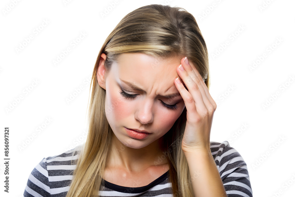 Young woman experiencing a headache,
holding her forehead in discomfort isolated on white background Young woman experiencing a headache,
holding her forehead in discomfort isolated on white background