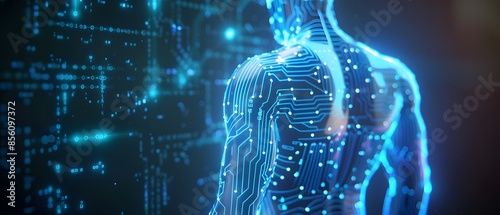 Futuristic human figure glowing with digital circuits, representing technology, innovation, and artificial intelligence.