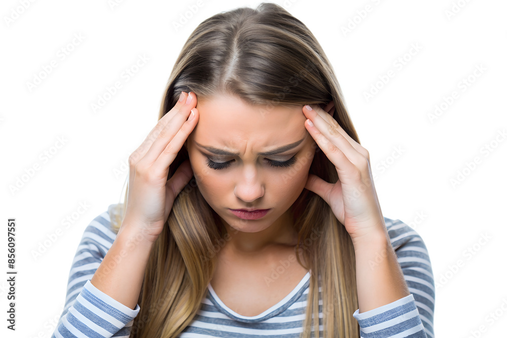 Young woman experiencing a headache,
holding her forehead in discomfort isolated on white background Young woman experiencing a headache,
holding her forehead in discomfort isolated on white background