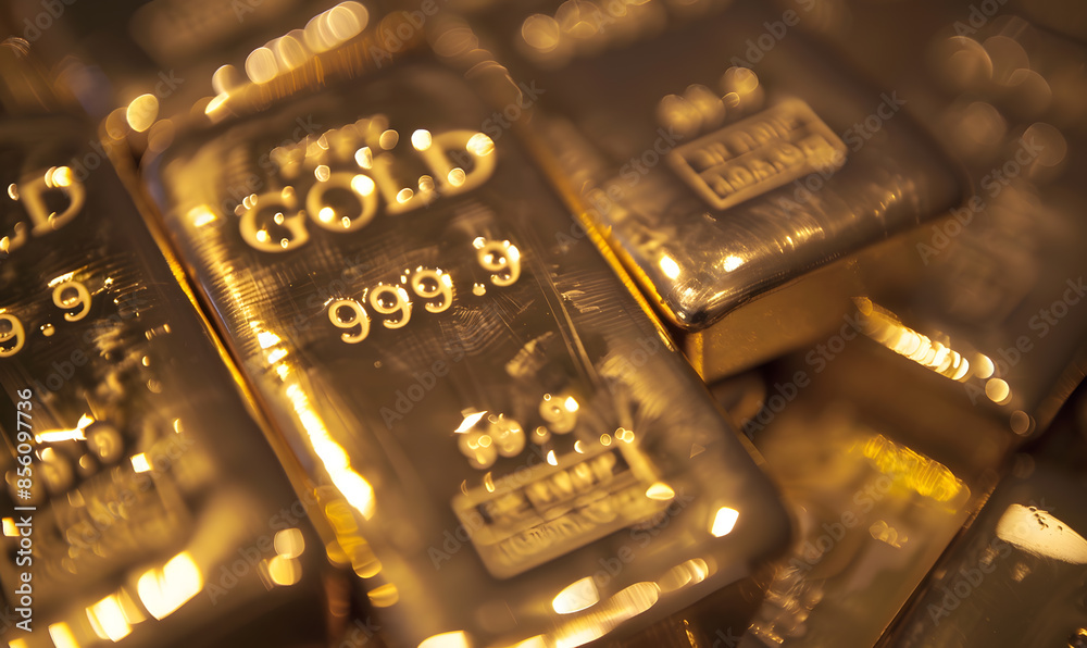 Close-up of gold bars with intricate engravings, reflecting ambient light, symbolizing luxury and stability Close-up of gold bars with intricate engravings, reflecting ambient light, symbolizing luxury and stability