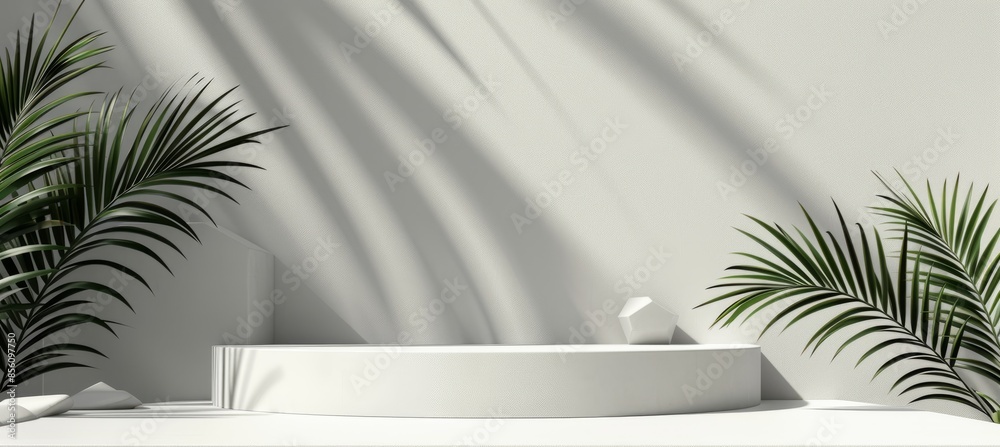 Minimalist White Product Display with Palm Leaves Minimalist White Product Display with Palm Leaves
