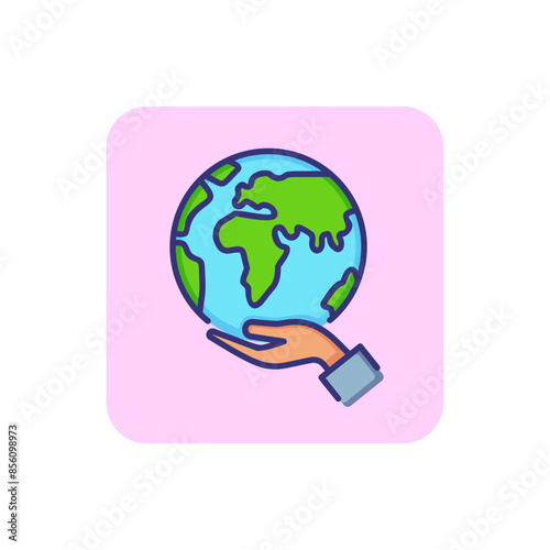 Care of planet line icon. Hand holding globe, ecology, peace. Recycling concept. Vector illustration can be used for topics like protection, ecosystem, travel