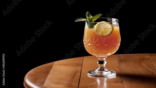 A glass of punch juice in the small glass with a slice of lemon and mint on black background above wooden table selective focus