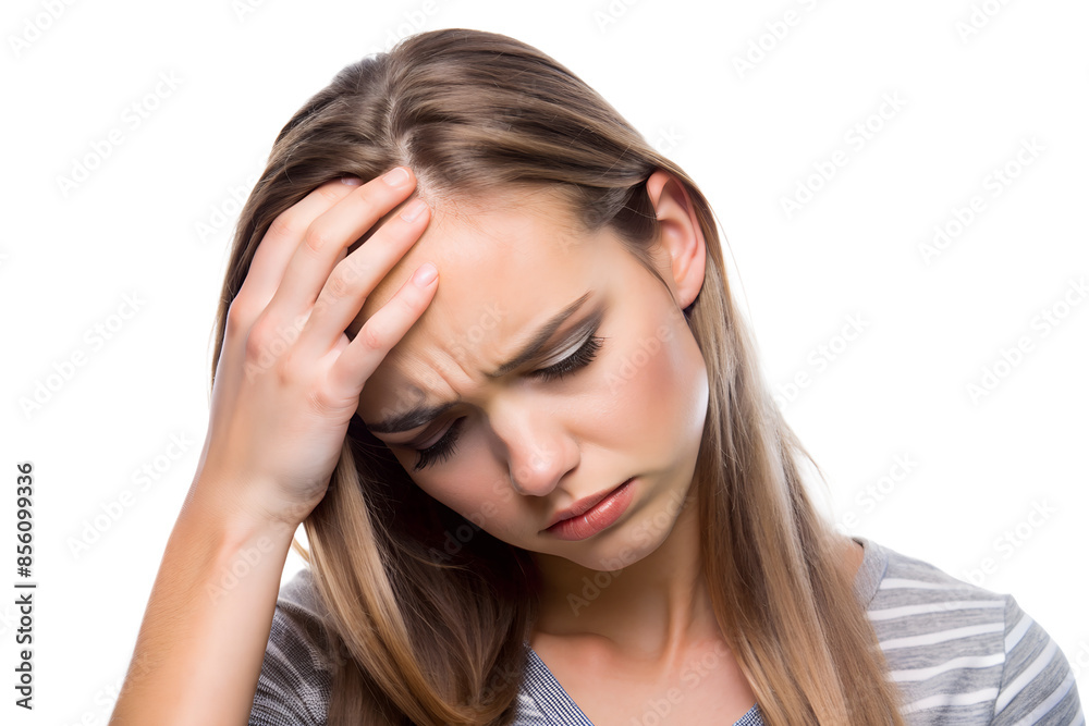 Young woman experiencing a headache,
holding her forehead in discomfort isolated on white background Young woman experiencing a headache,
holding her forehead in discomfort isolated on white background