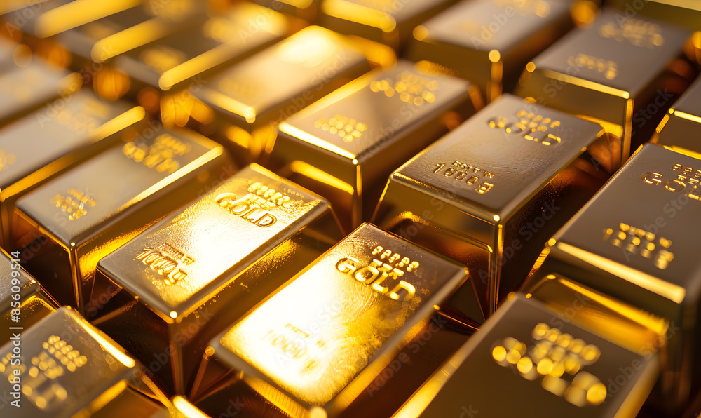 Close-up of gold bars with intricate engravings, reflecting ambient light, symbolizing luxury and stability Close-up of gold bars with intricate engravings, reflecting ambient light, symbolizing luxury and stability
