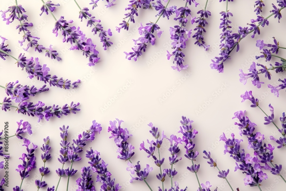 Beautiful lavender flowers arranged in a floral frame on a light background, providing a captivating and soothing visual impression. Beautiful lavender flowers arranged in a floral frame on a light background, providing a captivating and soothing visual impression.