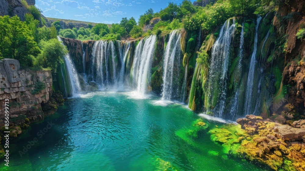 A breathtaking waterfall cascading down rugged cliffs into a crystal-clear pool below. A breathtaking waterfall cascading down rugged cliffs into a crystal-clear pool below.