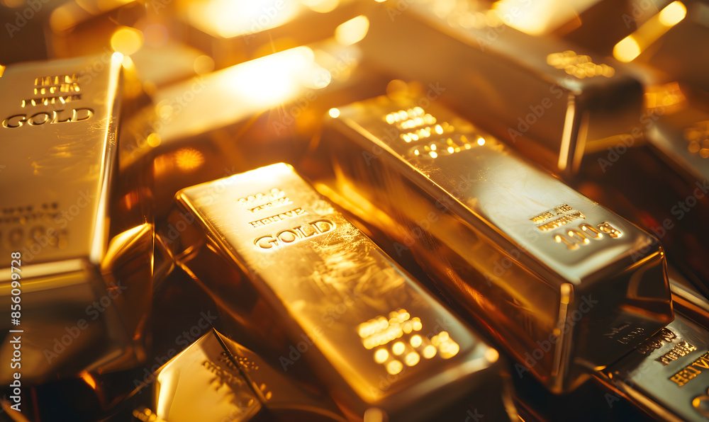 Close-up of gold bars with intricate engravings, reflecting ambient light, symbolizing luxury and stability Close-up of gold bars with intricate engravings, reflecting ambient light, symbolizing luxury and stability