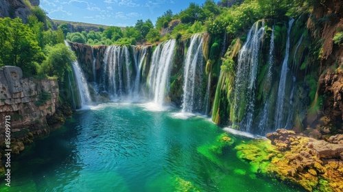 A breathtaking waterfall cascading down rugged cliffs into a crystal-clear pool below. 