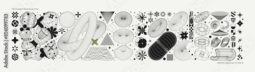 Vector graphic assets set in acid style, retro futuristic background with wireframe elements of different forms, bold modern shapes for design template, poster, stickers, banner in Y2k style set 10