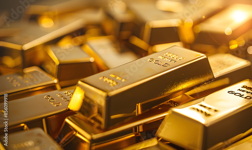 Close-up of gold bars with intricate engravings, reflecting ambient light, symbolizing luxury and stability