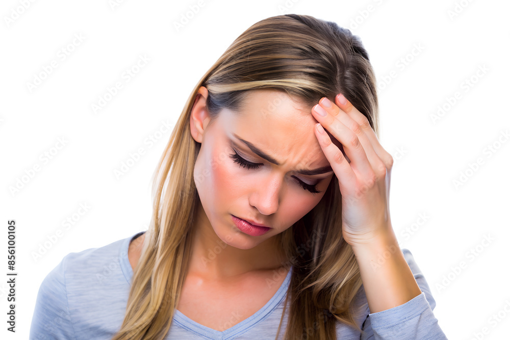 Young woman experiencing a headache,
holding her forehead in discomfort isolated on white background Young woman experiencing a headache,
holding her forehead in discomfort isolated on white background