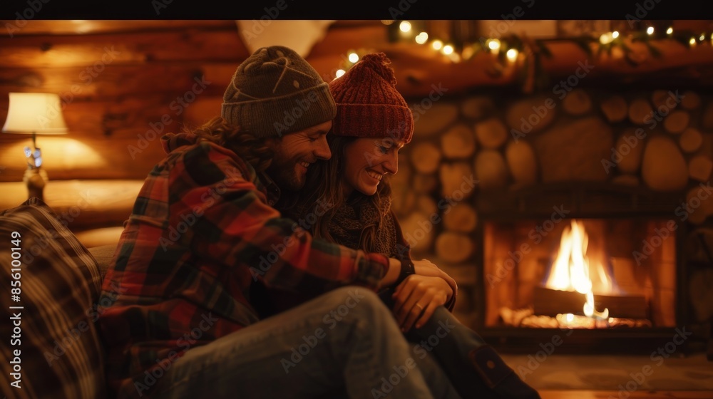 Obraz premium A couple cuddling by a cozy fireplace in a cabin. 