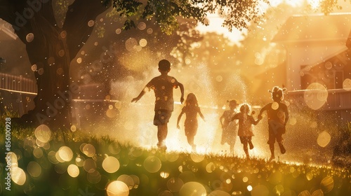 Kids running through sprinklers in a sunny yard, vibrant and playful, Realism, Natural light, Joyful and fun,