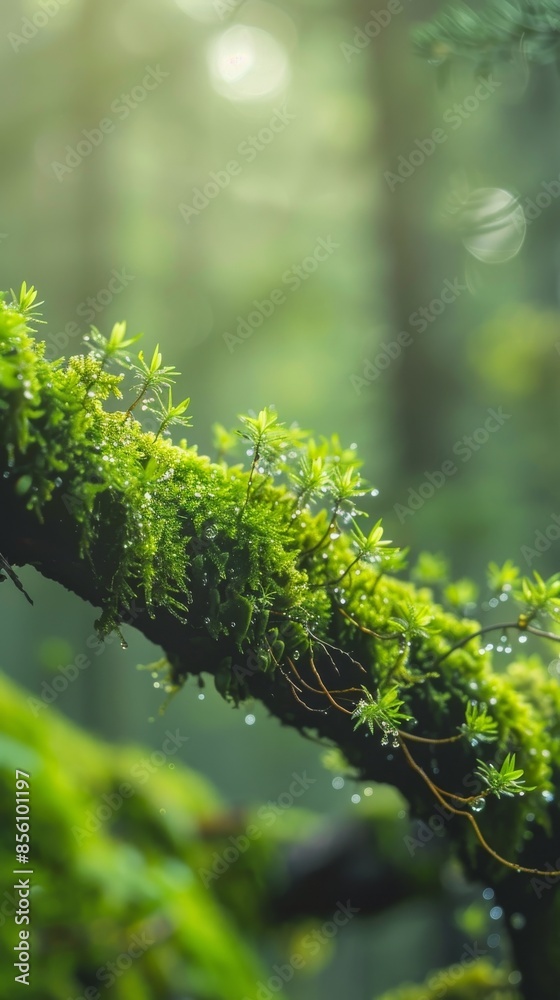 Fototapeta premium Moss-covered branch in a forest with morning dew, macro shot. Nature and tranquility concept