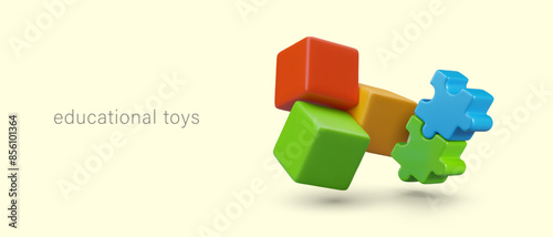 Concept of educational toys. Vector poster with colored cubes, puzzles