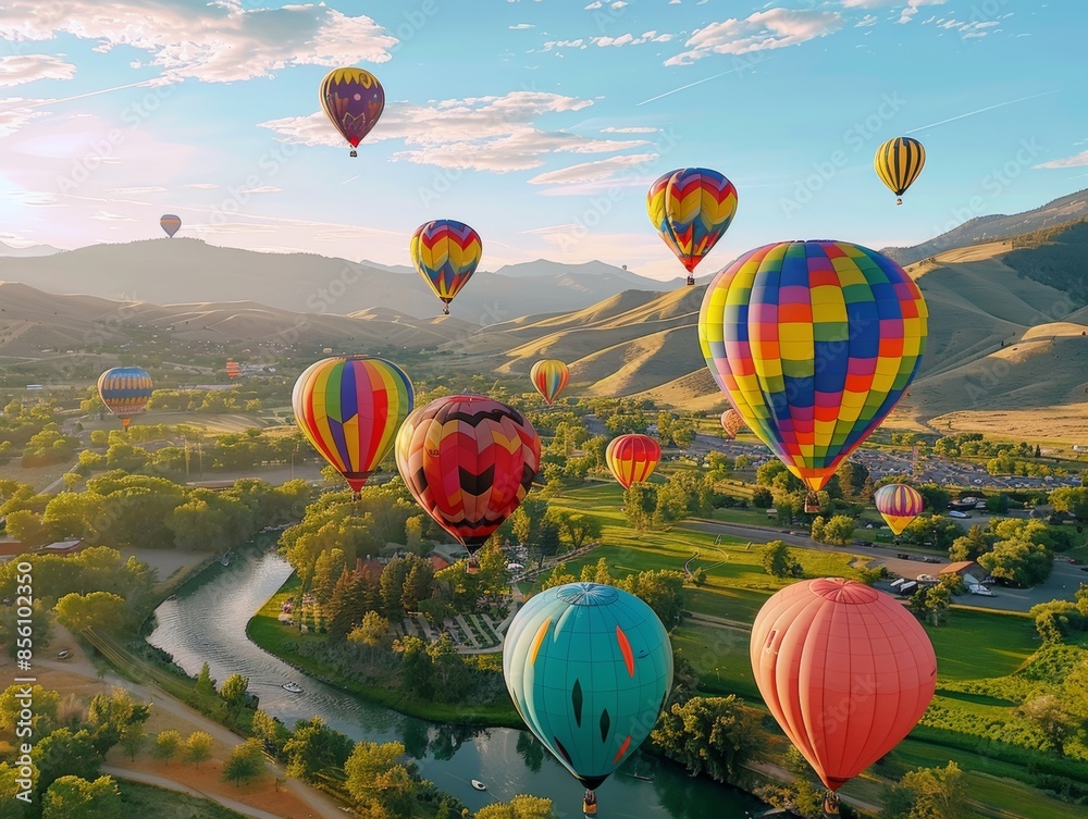 Obraz premium A hot air balloon festival with colorful balloons floating over scenic landscapes, showcasing the beauty and excitement of low-altitude air travel