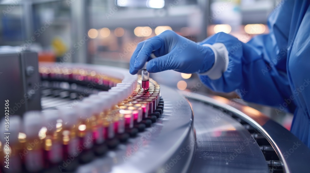A person in a blue lab coat is working with a machine that is producing medicine A person in a blue lab coat is working with a machine that is producing medicine