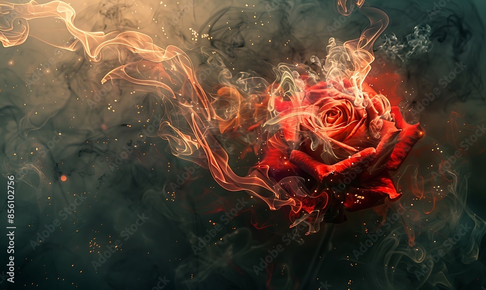 An abstract depiction of a red flaming rose surrounded by swirling smoke, ashes, and glowing embers, creating a surreal and fantasy-inspired image An abstract depiction of a red flaming rose surrounded by swirling smoke, ashes, and glowing embers, creating a surreal and fantasy-inspired image