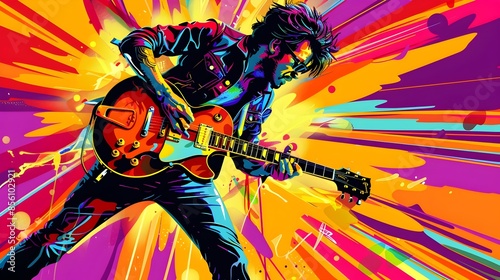 Vibrant Pop Art Guitar Player in Mid Performance Rock and Roll Energy photo