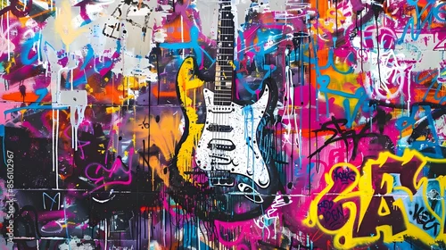 Obraz Vibrant Graffiti Inspired Pop Art Wall Featuring a Rock n Roll Guitar