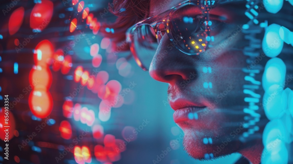 A man with glasses is looking at a computer screen with a blurry background A man with glasses is looking at a computer screen with a blurry background