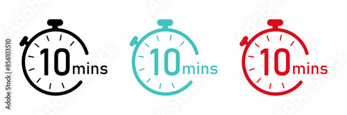 10-minute timer, clock, stopwatch vector icon set in color isolated on white background. Countdown sign. business concept. 10 min timer clock vector illustration. Flat style.