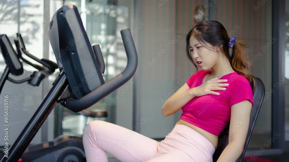 Tired asian woman having heart attack after doing sport hand holding her chest pain that sweat from overtraining, Woman injury pain chest attack heart after workout training exercise at fitness gym Tired asian woman having heart attack after doing sport hand holding her chest pain that sweat from overtraining, Woman injury pain chest attack heart after workout training exercise at fitness gym