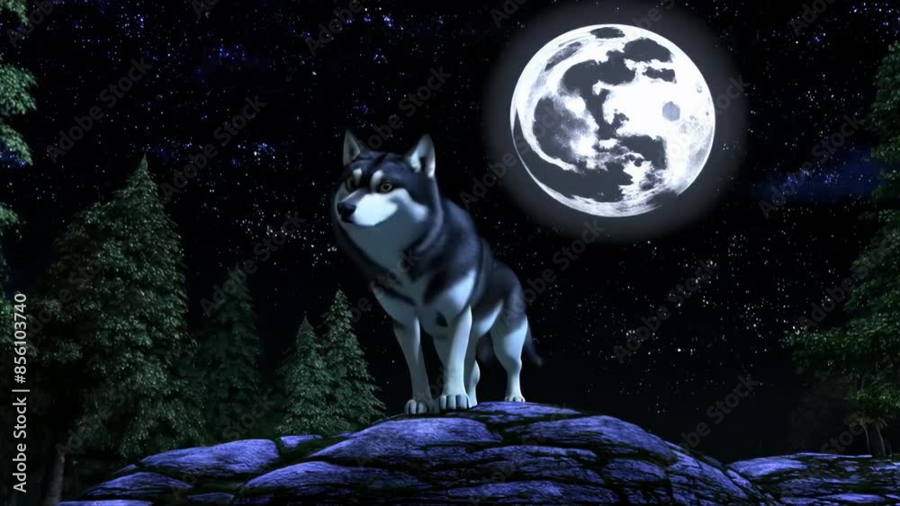 An animated wolf stands on top of a cliff under a full moon against the ...