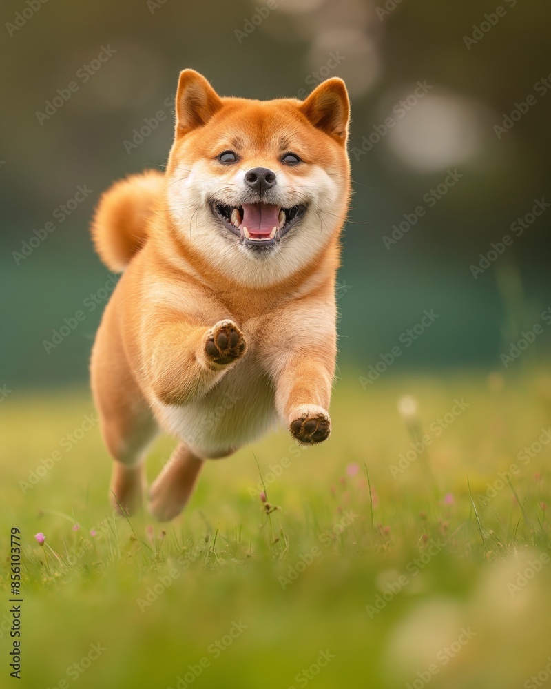 Image captures the essence of joy with a Shiba Inu mid-run, its face blurred, against a green, autumn background Image captures the essence of joy with a Shiba Inu mid-run, its face blurred, against a green, autumn background