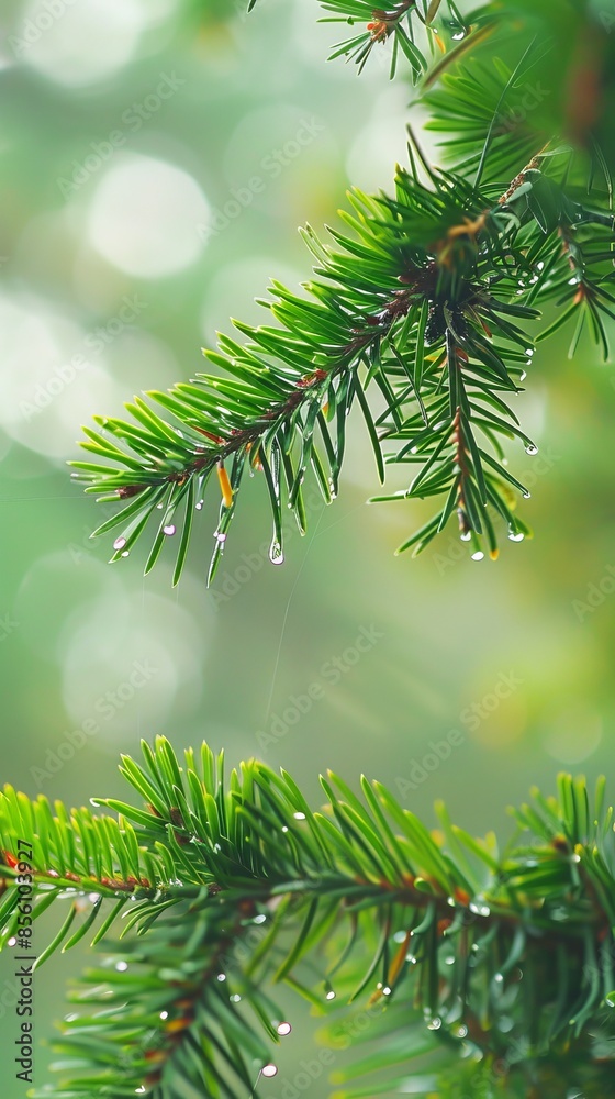 Close-up of pine tree branches with water droplets, nature background, tranquility and freshness concept Close-up of pine tree branches with water droplets, nature background, tranquility and freshness concept