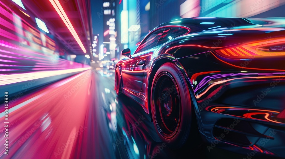 Sports car racing in vibrant neon-lit city Sports car racing in vibrant neon-lit city