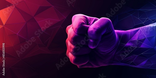 Clenched fist with purple lighting background highlighting aggression and strength, fight and aggression concept