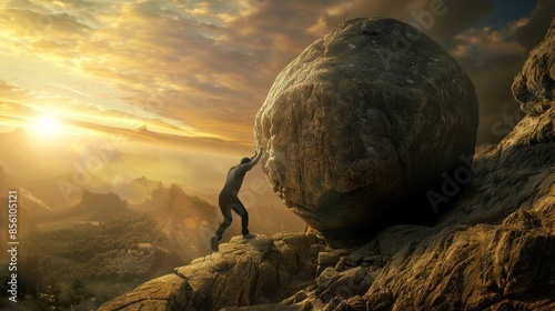 Sisyphus myth reenactment  man pushing giant boulder uphill in detailed realistic photo photo