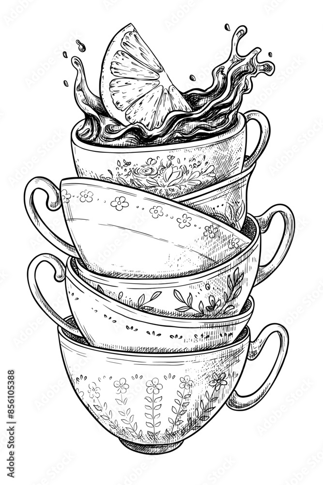Tea cups stack with lemon vector sketch illustration