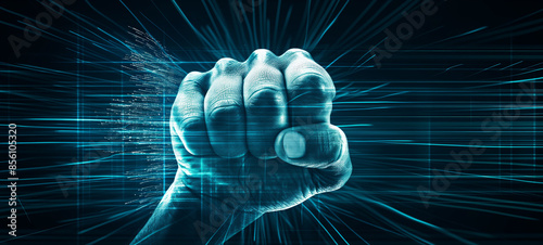 Close-up of clenched fist with blue energy lines, fight and aggression concept