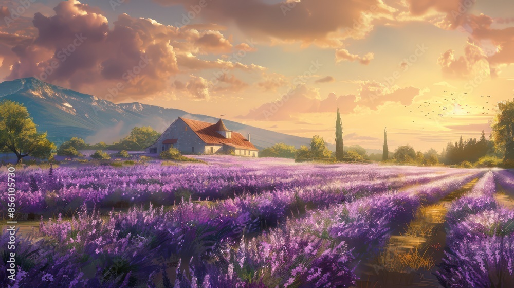 Naklejka premium Beautiful lavender field with a nice sunset in the background.